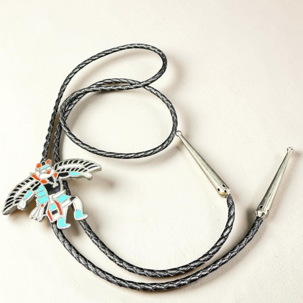Vintage Thunderbird Kachina Enamel Bolo Tie Black Braided‎ Cord Southwestern VTG